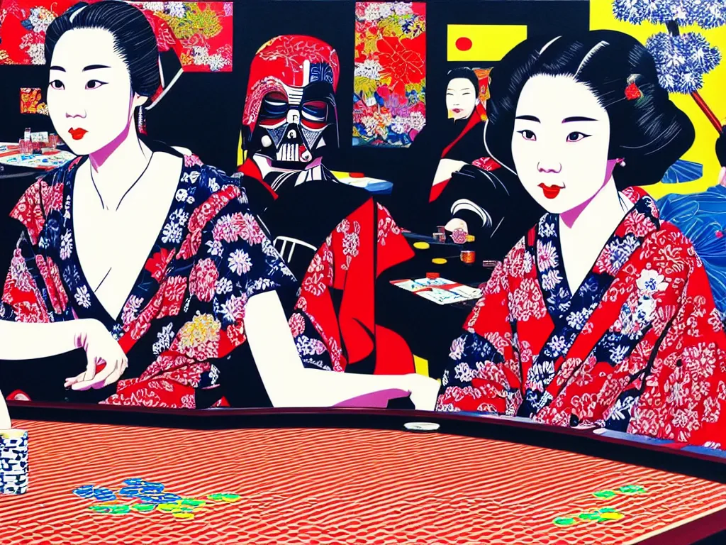 Image similar to hyperrealistic composition of the detailed woman in a japanese kimono sitting at a extremely detailed poker table with detailed darth vader, fireworks, mount fuji on the background, pop - art style, jacky tsai style, andy warhol style, acrylic on canvas