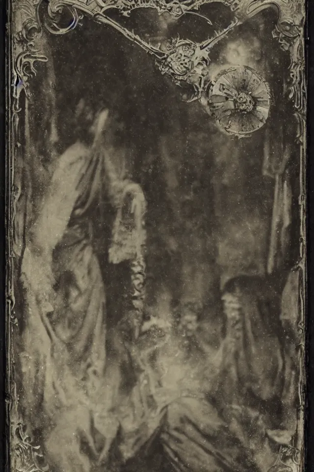 Prompt: wet plate sun tarot card victorian era, ghosts in the background, in the time of plague, no borders