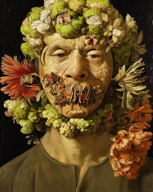 Image similar to oil painting portrait of a mutant man with a strange disturbing face made of flowers and insects by otto marseus van schriek rachel ruysch christian rex van minnen dutch golden age