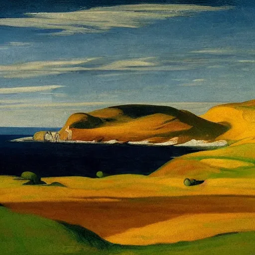 Prompt: landscape of donegal ireland, by edward hopper and giorgio de chirico