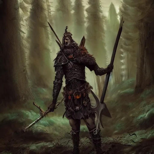 Image similar to high quality matte painting, grim fantasy witchy art, a woodland knight made of wood holding a giant club, in a dark forest, digital art, high quality render, artstation, 8 k, photograph quality, ultrahd, in the style of dungeons and dragons