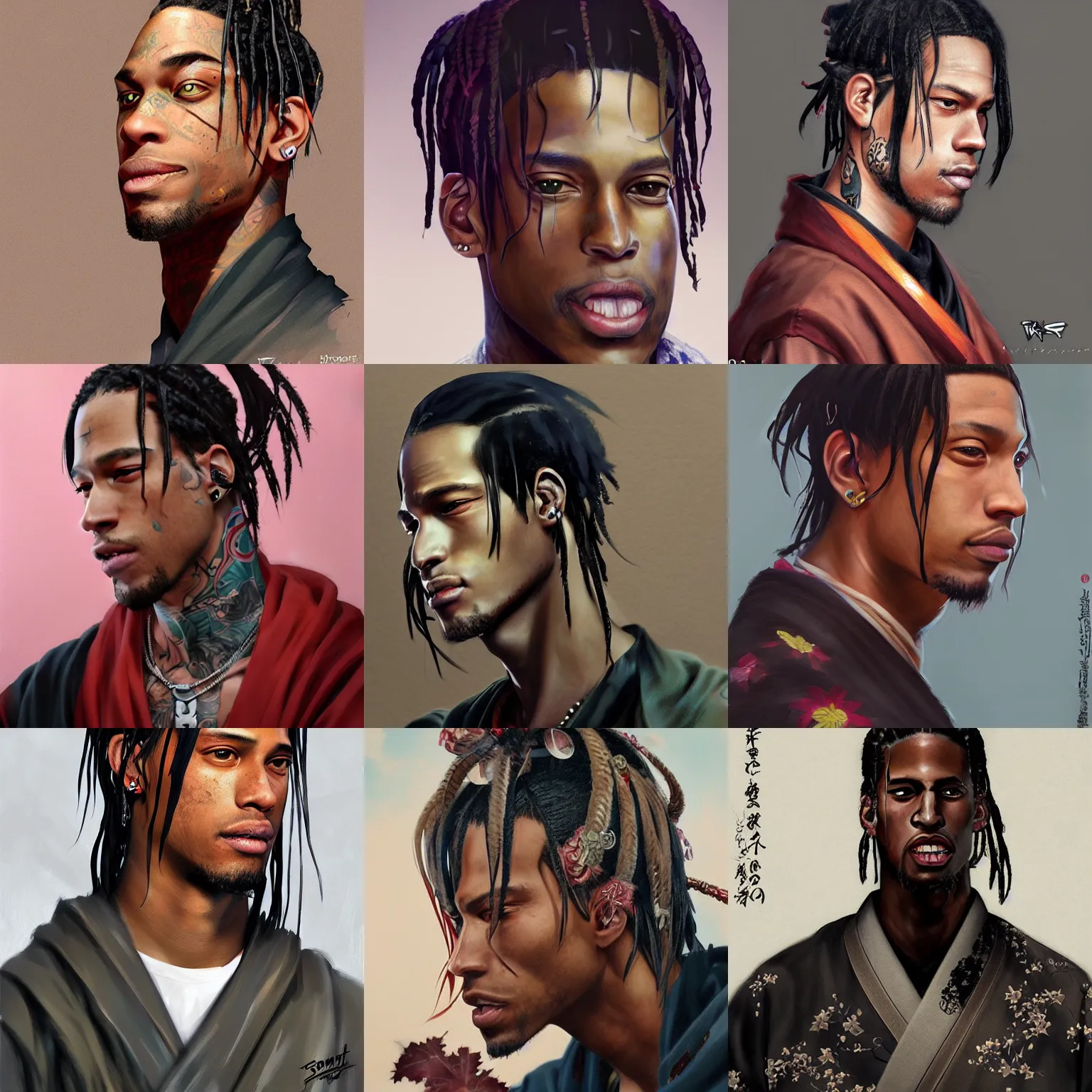 Prompt: A realistic anime portrait of Travis Scott wearing a kimono, from Skyrim, digital painting, by Stanley Artgerm Lau, WLOP, and Rossdraws, digtial painting, trending on ArtStation, deviantart