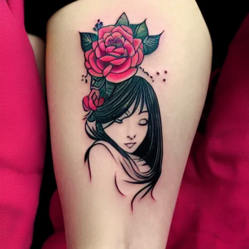 Prompt: tattoo design, stencil, tattoo sleeve, beautiful japanese girls face, roses and ivy surrounding by artgerm, artgerm, cat girl, anime