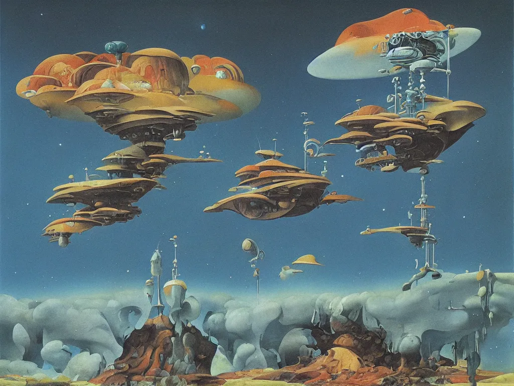 Prompt: dream bot mothership. painting by bosch, roger dean.
