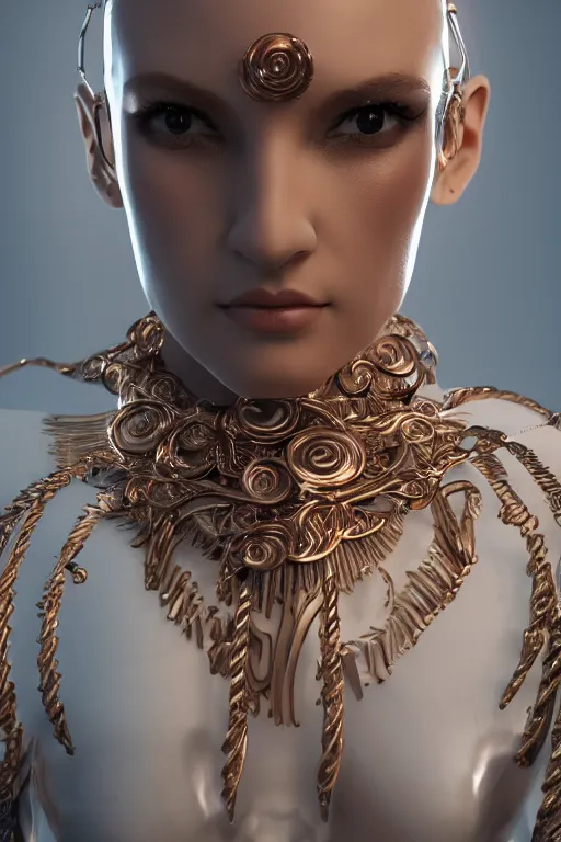 Image similar to white cyborg fashion shot, copper spiral decorations, white elegant baroque design, smooth heads, headshot half figure, photorealistic, 8k, hyper detailed, unreal engine, trending on artstation,