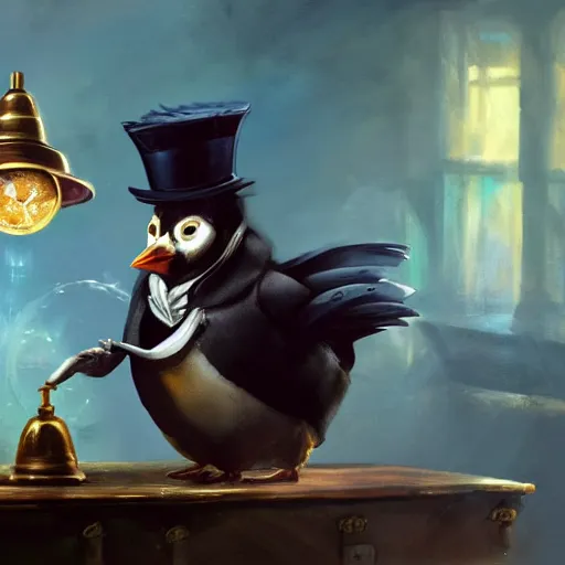 Image similar to oil painting of rich steampunk penguin, wearing top hat, steampunk factory background, hamster running in the background, sharp focus, fantasy style, octane render, volumetric lighting, 8k high definition, by greg rutkowski, highly detailed, trending on art Station, magic the gathering artwork, centered