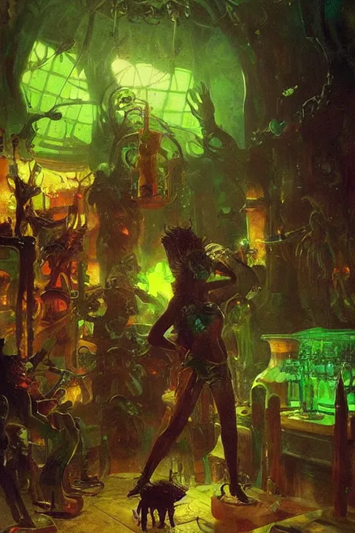 Prompt: a space viking drinking green neon liquid in an alien tavern. art by ilya repin.