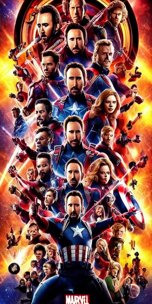 Image similar to a movie poster for a marvel movie but every face is nicolas cage