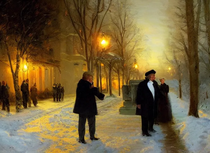 Prompt: american donald trump secretly selling highly classified nuclear documents to russian president vladimir putin in a dark snowy alley by vladimir volegov and alexander averin and pierre auguste cot and delphin enjolras