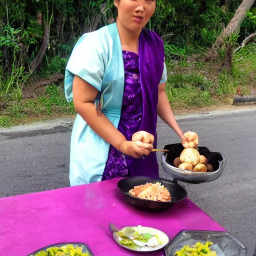 Image similar to Murasaki Shikibu standing on a Filipino sidewalk eating fishballs