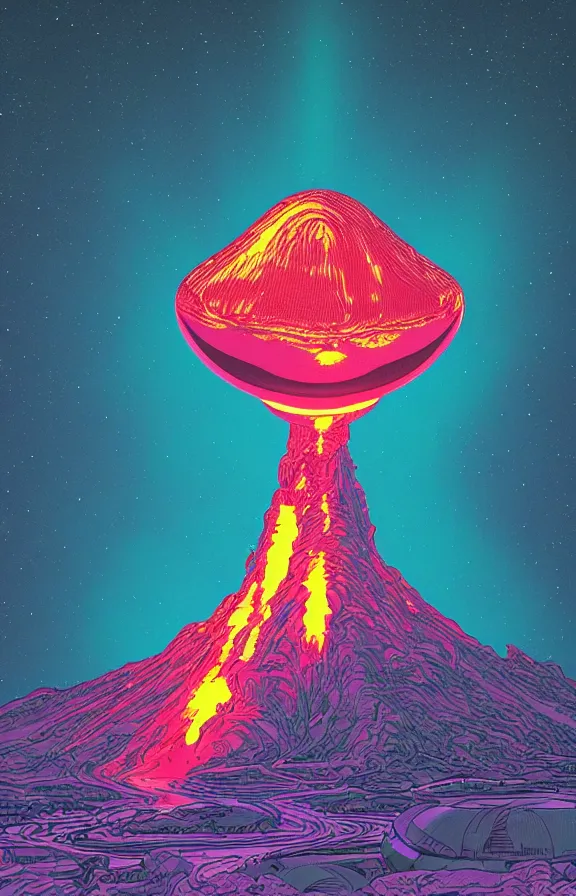 Prompt: a massive inttincate alien chrome spaceship emerging from an active volcano, holographic, synthwave color palette, risographic, digital art, 4 k, vintage sci - fi, inspired by moebius, inspired by thumb white