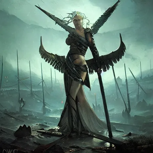 Image similar to valkyrie graveyard resembling the ace of swords tarot card by greg rutkowski