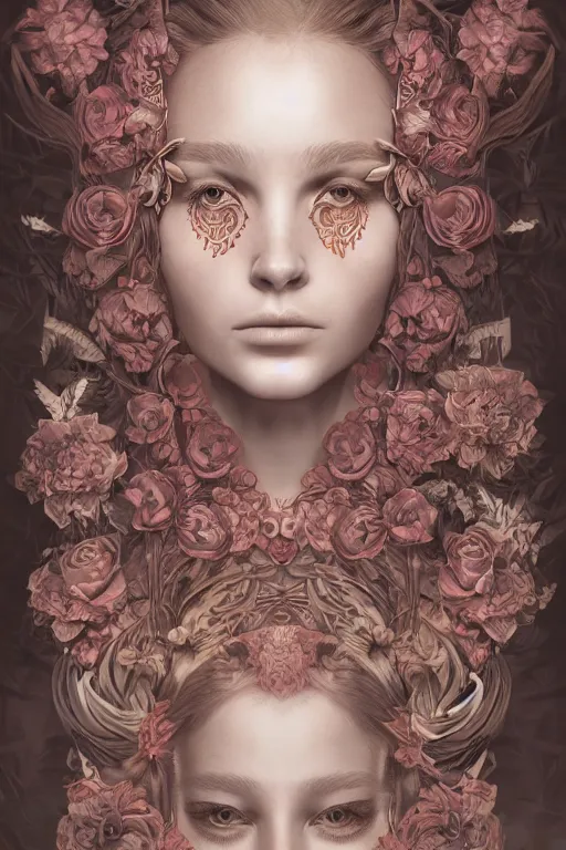 Image similar to a symmetrical portrait with esoteric symbols on the skin and flowers in the hair, intricate, hyperrealistic, concept art, digital art