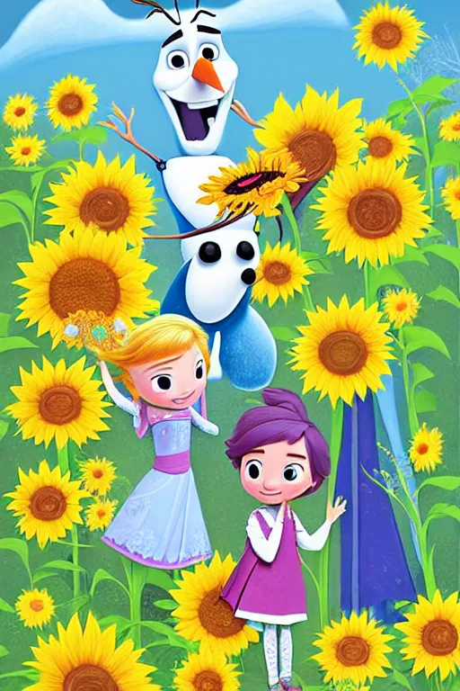Prompt: illustration for a story that reads : in the middle of summer, olaf went out shopping with anna and elsa. he got sunflower seeds and a new pair of shoes, and now he's as happy as can be!, colorful, fantasy, pixar, childrens book illustration, sharp high detail, manga and anime ( 4 )