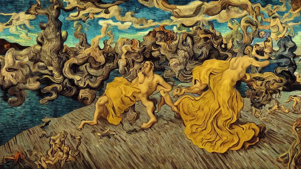 Image similar to psychoautistic scene of a divine moment, 4K, Rococo & Precisionism, colorized, by collaboration of Salvador Dali, Van Gogh and M. C. Escher