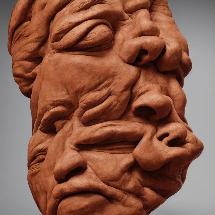 Prompt: realistic monumental sculpture portrait of a powerful stern woman's face carved out of a red oak wood on a pedestal by stephan balkenhol and duane hanson and donald judd, hyperrealistic dramatic colored lighting trending on artstation 8 k