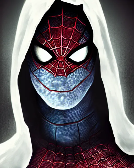 Image similar to spiderman in a white hood, 8 k photo, portrait, dynamic lighting, fantasy concept art, trending on art station, stunning visuals, creative, cinematic, ultra detailed, comic strip style