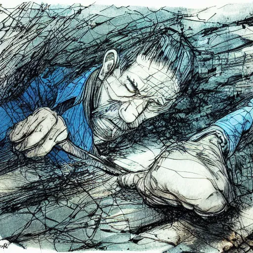 Image similar to a man digging up a dead body, subtle blue, orange, and dark green tones, high quality, high detail, dark colors, sinister atmosphere, dramatic lighting, cinematic, establishing shot, extremely high detail, photo realistic, cinematic lighting, pen and ink, intricate line drawings, by Yoshitaka Amano, Ruan Jia, Kentaro Miura, Artgerm, post processed, concept art, artstation, matte painting, style by eddie mendoza, raphael lacoste, alex ross, album artwork