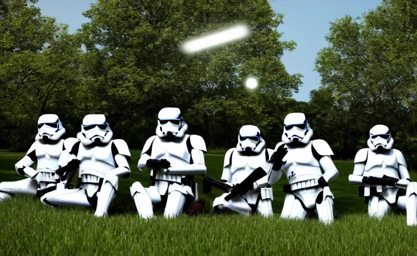 Prompt: A group of stormtroopers having a picnic in a park, daylight. sunlight. lens flare. light fixtures. 8K. detailed. photorealism. artstation. 25mm f/1.7 ASPH Lens. ultra realistic