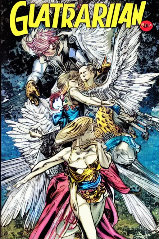 Image similar to guardian angel by jack kirby and akihiko yoshida