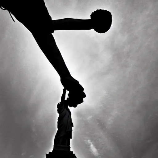 Image similar to the statue of liberty shaking her fist at the people below her, low - angle shot