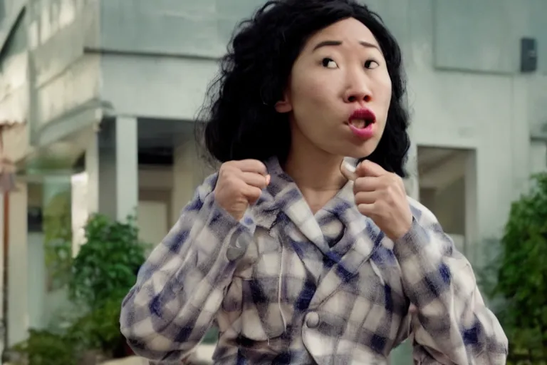 Image similar to awkwafina as an exaggerated caricature of a black woman in the new movie directed by jason friedberg and aaron seltzer, movie still frame, promotional image, critically condemned, top 6 worst movie ever imdb list, symmetrical shot, idiosyncratic, relentlessly detailed, limited colour palette