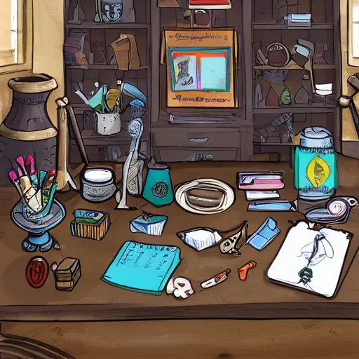 Image similar to the cluttered desk of a potion master