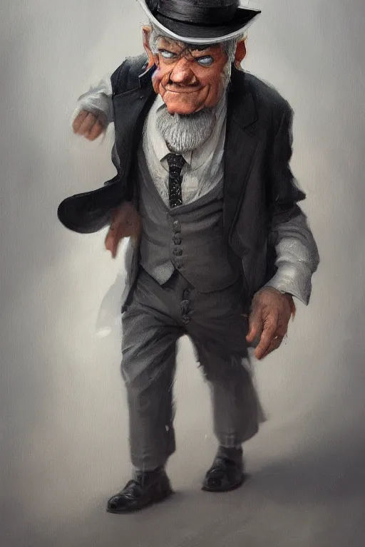 Prompt: a grey hair ageing halfling short with stubble top hat and suit by Greg Rutkowski, painting, HD, high details, trending on artstation