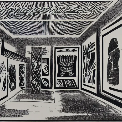 Prompt: A black and white screen print of gallery exhibition view from the 60s, anthropology, colonial, wild, exotic, artifacts, pedestal, ethnography, screen printing