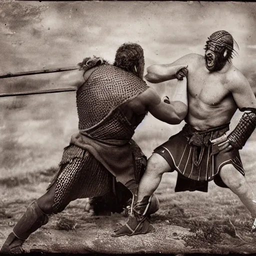 Prompt: spartan man and viking fistfighting, brutal, daguerreotype photograph