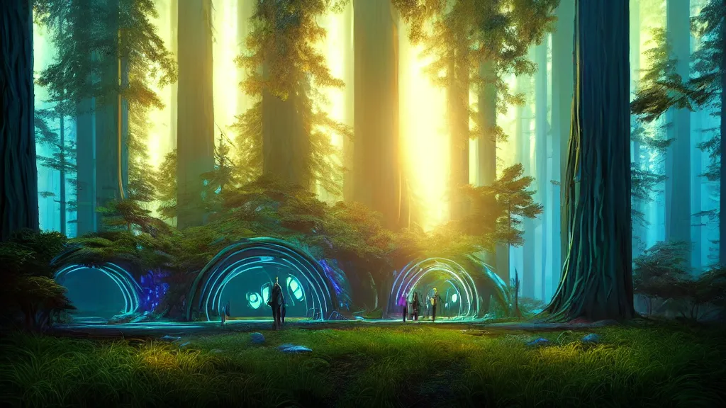 Prompt: glowing cyberpunk portal in a clearing glade in a redwood forest at night. shimmering portal. the forest redwood trees are lit by a glow. by cyril roland. dan mumford. ricardo bofill. beeple. noah bradley. digital render. digital painting. trending on artstation. concept art.