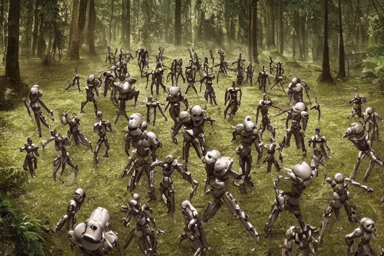 Prompt: 1 0 0 0 0 humanoid robots fighting in the forest, hyper realistic, ambient lighting, concept art, intricate, hyper detailed, smooth, dynamic volumetric lighting, octane, raytrace, cinematic, high quality, high resolution, 4 k, cgsociety, rutkowski, gurney, h. r. giger!!!