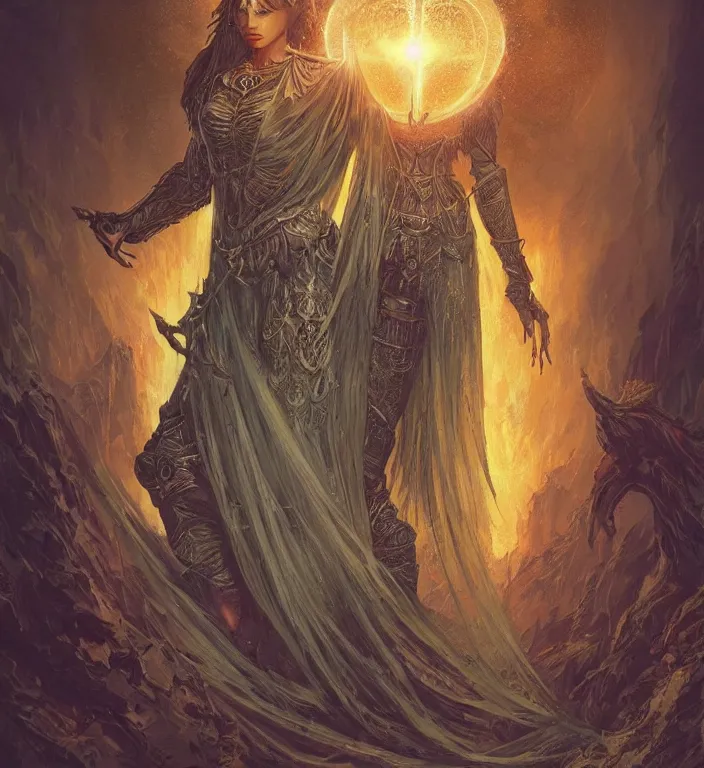 Prompt: a majestic matte painting, Illustration, centered Intricate portrait of a goddess, tarot card, dark souls colour scheme, luminal, smooth, high detailed, kerem beyit, Karol Bak, Chris Cold, james gurney, dan mumford, featured on artstation, instagram HD