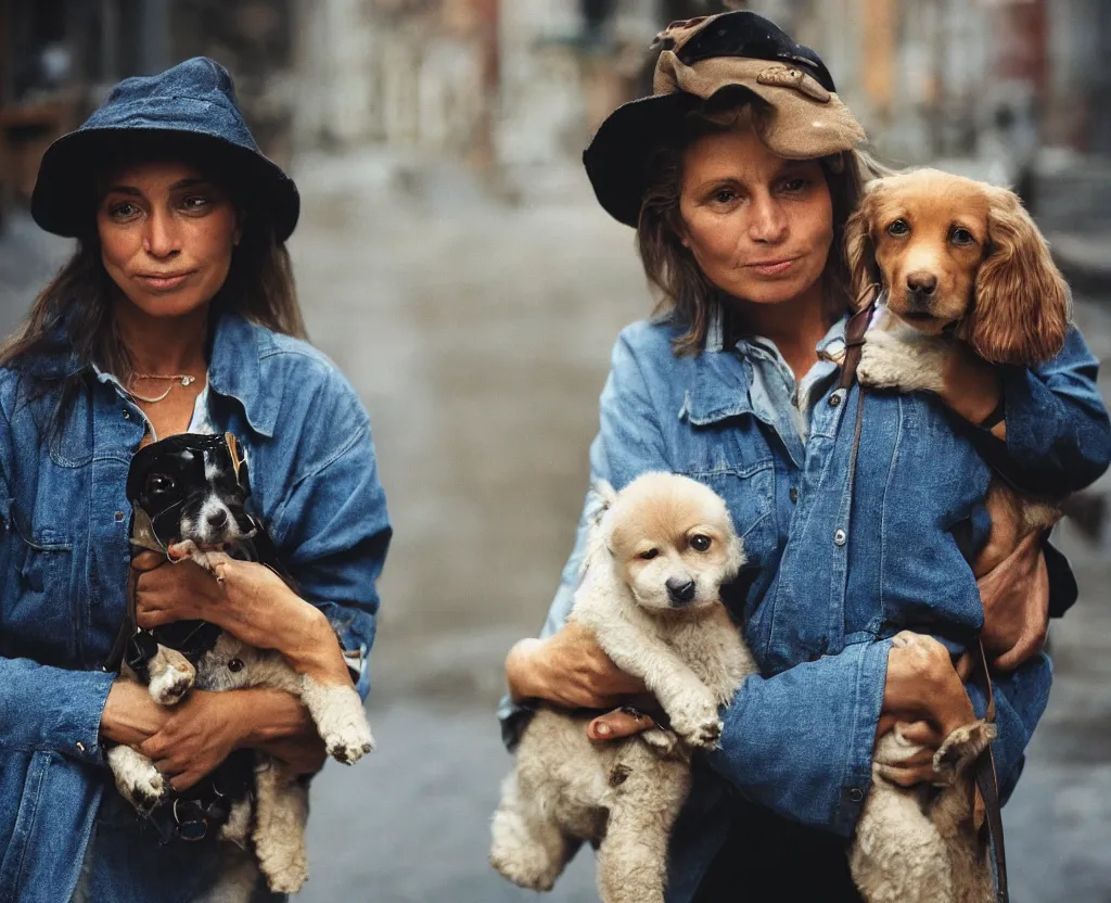 Image similar to closeup portrait of beautiful woman carrying a dog, smoky new york back street, by annie leibovitz and steve mccurry, natural light, detailed face, canon eos c 3 0 0, ƒ 1. 8, 3 5 mm, 8 k, medium - format print