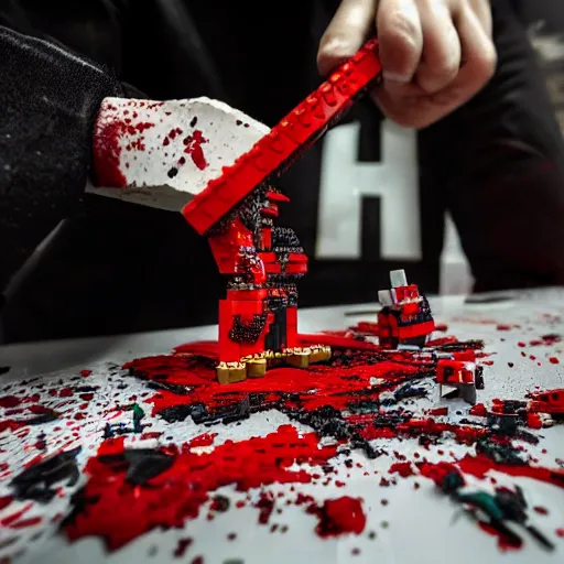 Image similar to photo of a lego set splattered with blood, shiny dark red blood splatter, dismembered lego minifigures