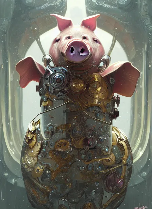 Image similar to robotic pig, d & d, wet, shiny, fantasy, intricate, elegant, extremely higly detailed, ultra definition, digital painting, artstation, anatomical perfection, baroque, concept art, smooth, sharp focus, illustration, art by artgerm and greg rutkowski and alphonse mucha