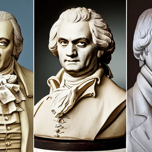 Image similar to mozart and beethoven and bach and liszt all standing next to each other, they're all statues, octane render, 8 k, highly detailed, hyper - realistic.