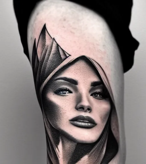 Prompt: beautiful blend effect of beautiful mountain scenery with a beautiful woman face, tattoo design sketch, hyper - realistic, in the style of matteo pasqualin, amazing detail, black and white