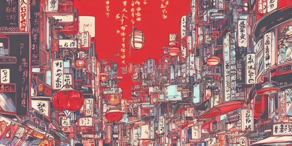 Image similar to neo tokyo in the style of studio ghibli, night, traditional red china lamps, high contrast, ghibli