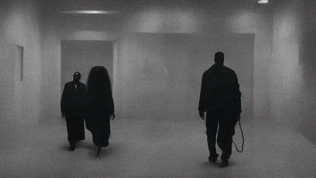 Image similar to photo from distance of a black man with long curly hair, carrying a electric guitar, walking out of from the past door, film still from the movie directed by Denis Villeneuve with art direction by Zdzisław Beksiński, wide lens