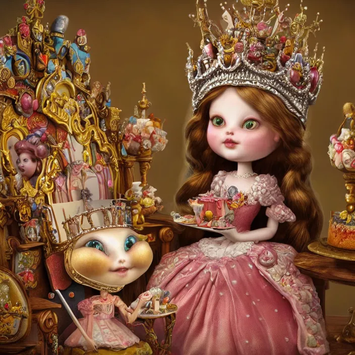 Prompt: highly detailed closeup, portrait of a tin toy fairytale princess sitting on a throne wearing a crown eating cakes, unreal engine, nicoletta ceccoli, mark ryden, earl norem, lostfish, global illumination, detailed and intricate environment