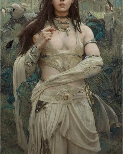 Image similar to a beautiful and strong female warrior by Edgar Maxence, Ross Tran and Jules Bastien-Lepage and Laura Sava