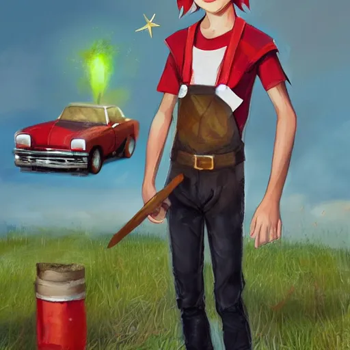 Image similar to a skinny teen boy as a fantasy elf with spiky blonde hair wearing dark brown overalls and holding a firecracker standing next to a destroyed car, painting by artgerm