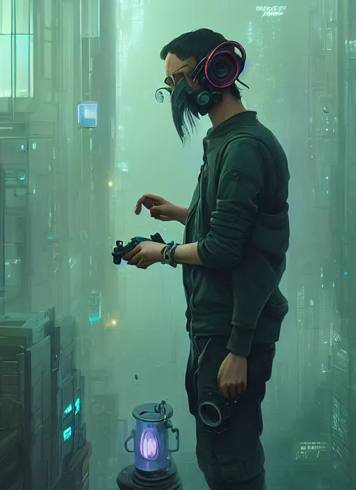 Image similar to highly detailed surreal vfx portrait of a cyberpunk gloomy hacker, stephen bliss, unreal engine, greg rutkowski, loish, rhads, beeple, makoto shinkai and lois van baarle, ilya kuvshinov, rossdraws, tom bagshaw, alphonse mucha, global illumination, detailed and intricate environment