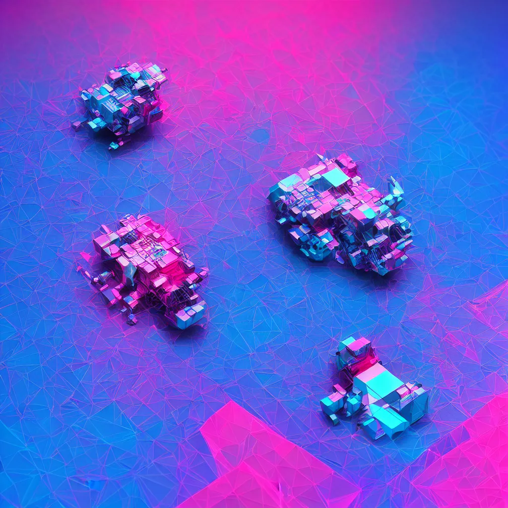 Image similar to chromatic 3D geometry, tilt shift macro, blue and pink accents, matte bright highly detailed, epic, 3D render, digital art, artstation, 8K artistic photography, photo-realistic, by Hiroya Oku, Jenny Seville, Salvador Dali, Francis Bacon, WLOP