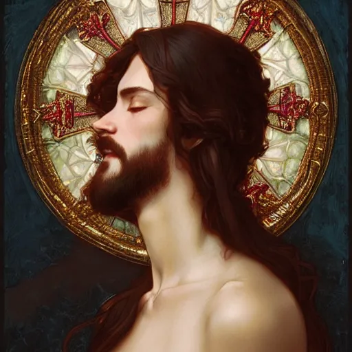 Image similar to jesus kissing a maria maddalena, intricate, elegant, highly detailed, digital painting, artstation, concept art, matte, sharp focus, illustration, art by artgerm and greg rutkowski and alphonse mucha