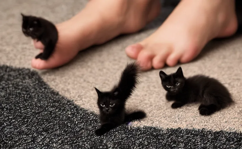 Prompt: a black kitten sitting at the foot of god, close up of god's mighty foot dwarfing the tiny black kitten