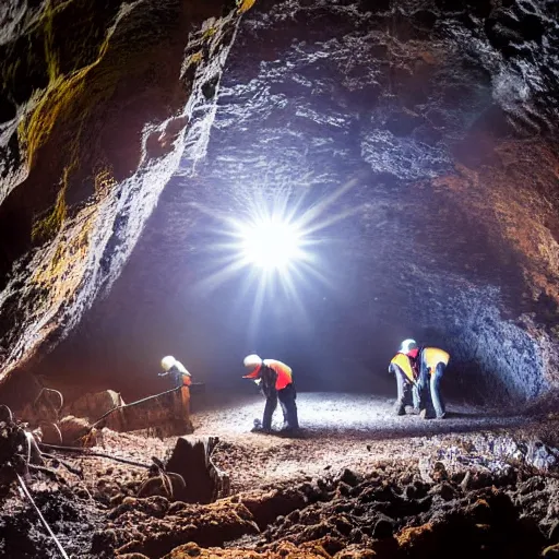 Image similar to photograph of workers mining for black opal in a large cavern, ethereal, shining rocks, award winning