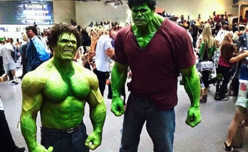Prompt: a bad quality picture of a dude poorly cosplaying the incredible hulk,