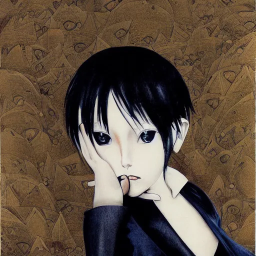 Prompt: Yoshitaka Amano realistic illustration of an anime girl with short white hair and black eyes wearing tuxedo with the hand in front of her face, abstract black and white background, film grain effect, highly detailed, Renaissance oil painting